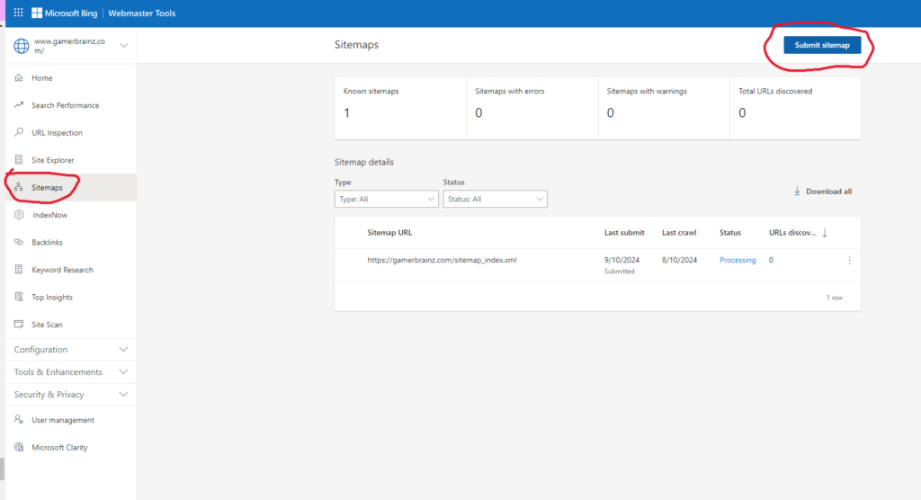 bing sitemap settings